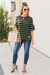 GAMEDAY COUTURE WOMEN’S GO WITH THE FLOW STRIPE KEY HOLE RUFFLE SLEEVE TOP
